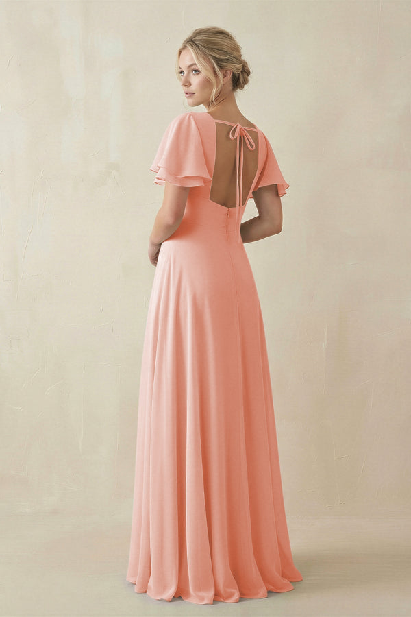 V - Neck Ruffled Short Sleeves A - Line Bridesmaid Dress in Rose Petal - SHE IS ME Bridesmaid Dresses
