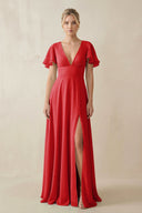 V - Neck Ruffled Short Sleeves A - Line Bridesmaid Dress in Ruby Red - SHE IS ME Bridesmaid Dresses