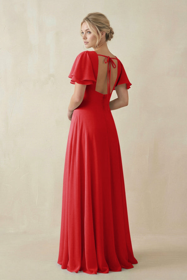 V - Neck Ruffled Short Sleeves A - Line Bridesmaid Dress in Ruby Red - SHE IS ME Bridesmaid Dresses