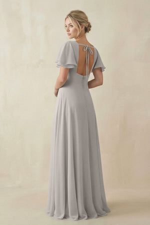 V - Neck Ruffled Short Sleeves A - Line Bridesmaid Dress in Silver - SHE IS ME Bridesmaid Dresses