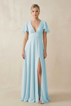 V - Neck Ruffled Short Sleeves A - Line Bridesmaid Dress in Sky Blue - SHE IS ME Bridesmaid Dresses