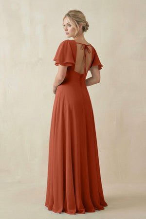 V - Neck Ruffled Short Sleeves A - Line Bridesmaid Dress in Spice - SHE IS ME Bridesmaid Dresses