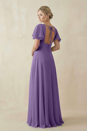 V - Neck Ruffled Short Sleeves A - Line Bridesmaid Dress in Tahiti - SHE IS ME Bridesmaid Dresses
