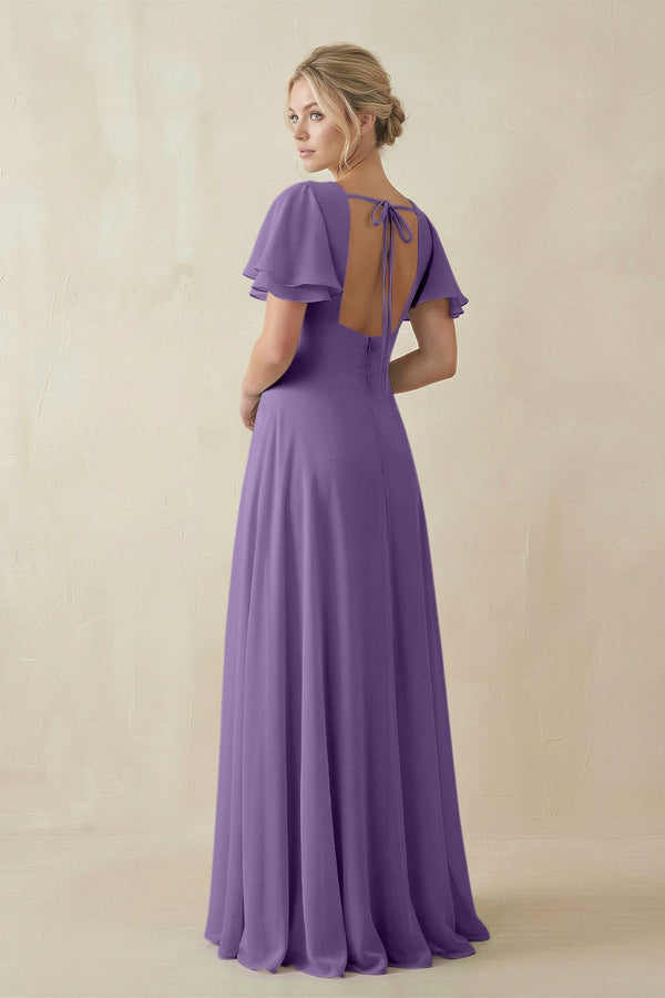 V - Neck Ruffled Short Sleeves A - Line Bridesmaid Dress in Tahiti - SHE IS ME Bridesmaid Dresses
