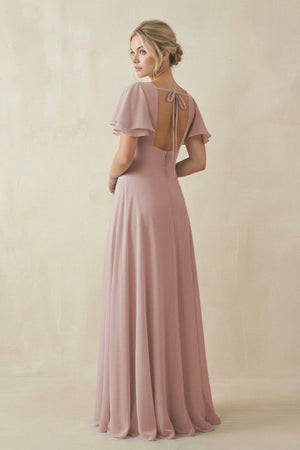 V - Neck Ruffled Short Sleeves A - Line Bridesmaid Dress in Toffee - SHE IS ME Bridesmaid Dresses