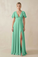 V - Neck Ruffled Short Sleeves A - Line Bridesmaid Dress in Turquoise - SHE IS ME Bridesmaid Dresses