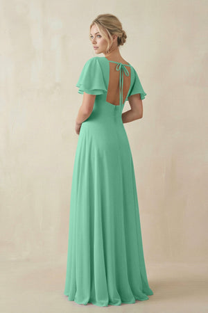 V - Neck Ruffled Short Sleeves A - Line Bridesmaid Dress in Turquoise - SHE IS ME Bridesmaid Dresses