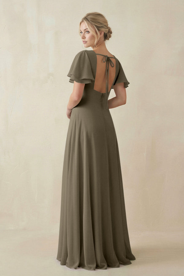 V - Neck Ruffled Short Sleeves A - Line Bridesmaid Dress in Willow Green - SHE IS ME Bridesmaid Dresses