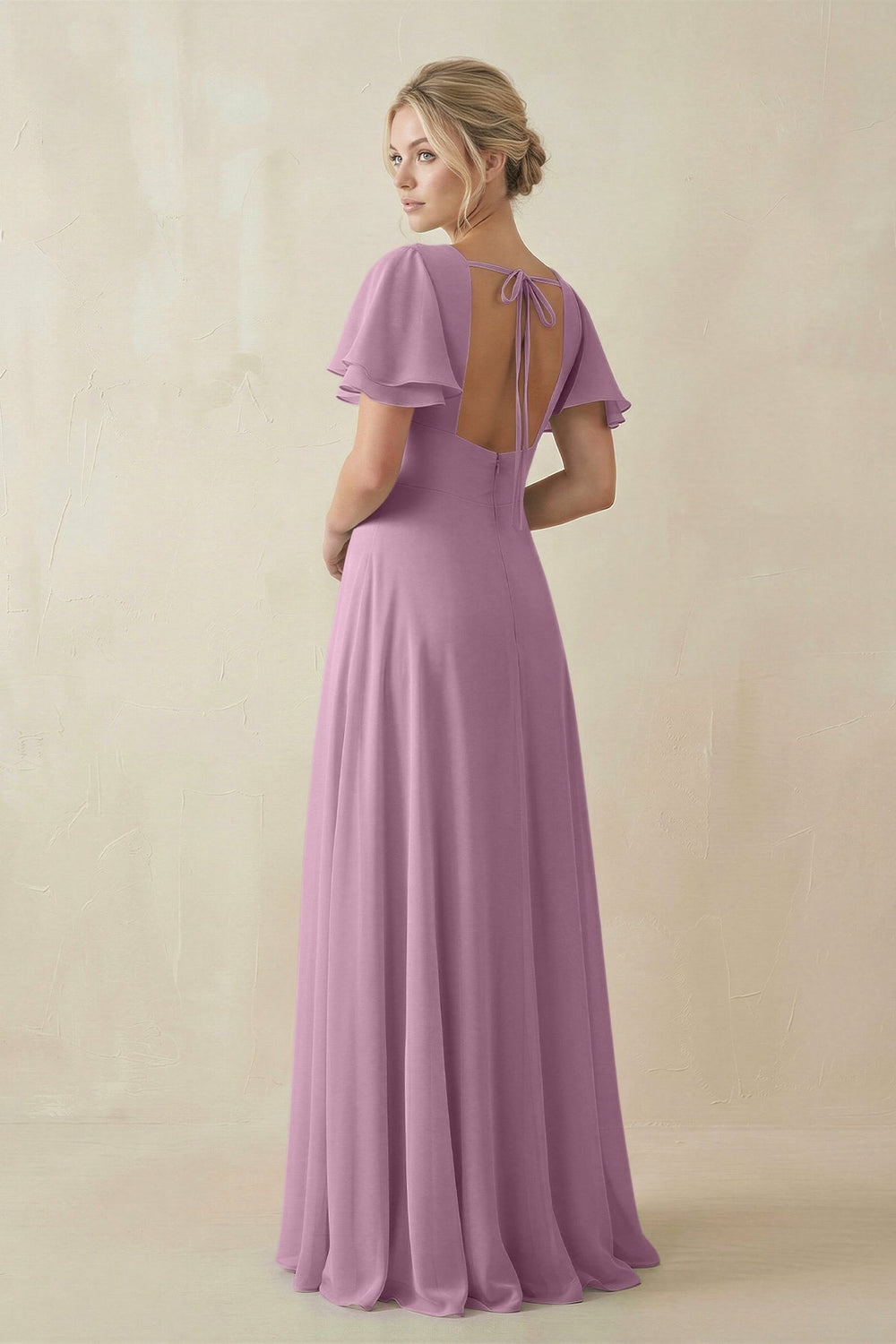 V - Neck Ruffled Short Sleeves A - Line Bridesmaid Dress in Wisteria - SHE IS ME Bridesmaid Dresses
