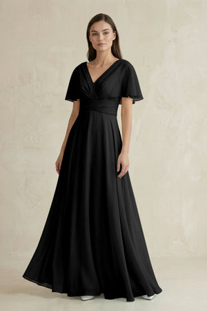V - Neck Ruffled Sleeve A - Line Chiffon Bridesmaid Dress in Black - SHE IS ME Bridesmaid Dresses