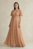 V - Neck Ruffled Sleeve A - Line Chiffon Bridesmaid Dress in Bronzer - SHE IS ME Bridesmaid Dresses