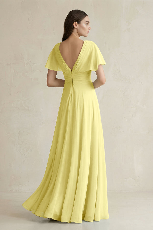 V - Neck Ruffled Sleeve A - Line Chiffon Bridesmaid Dress in Buttercup - SHE IS ME Bridesmaid Dresses