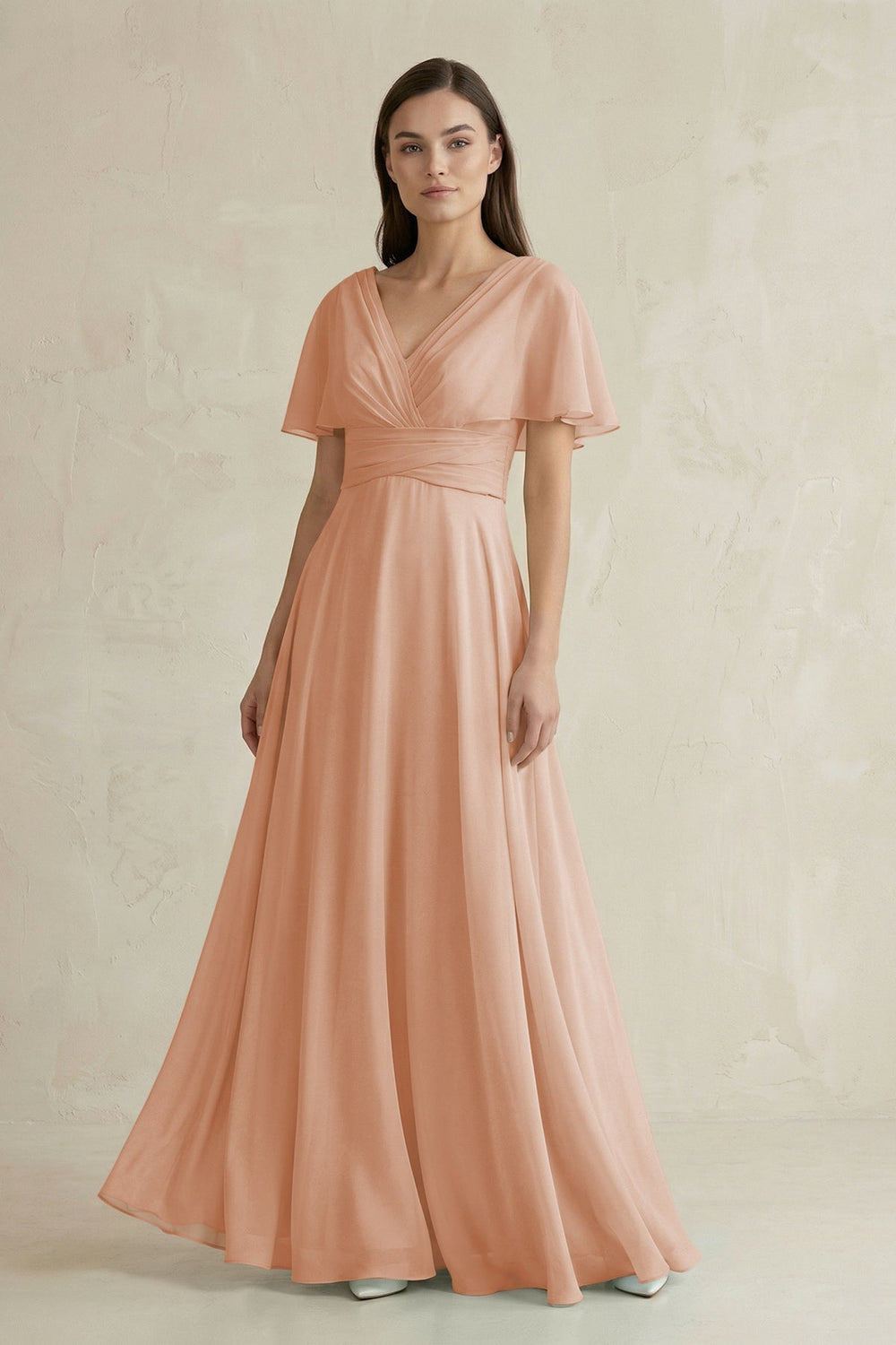 V - Neck Ruffled Sleeve A - Line Chiffon Bridesmaid Dress in Champagne Rose - SHE IS ME Bridesmaid Dresses