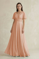 V - Neck Ruffled Sleeve A - Line Chiffon Bridesmaid Dress in Champagne Rose - SHE IS ME Bridesmaid Dresses
