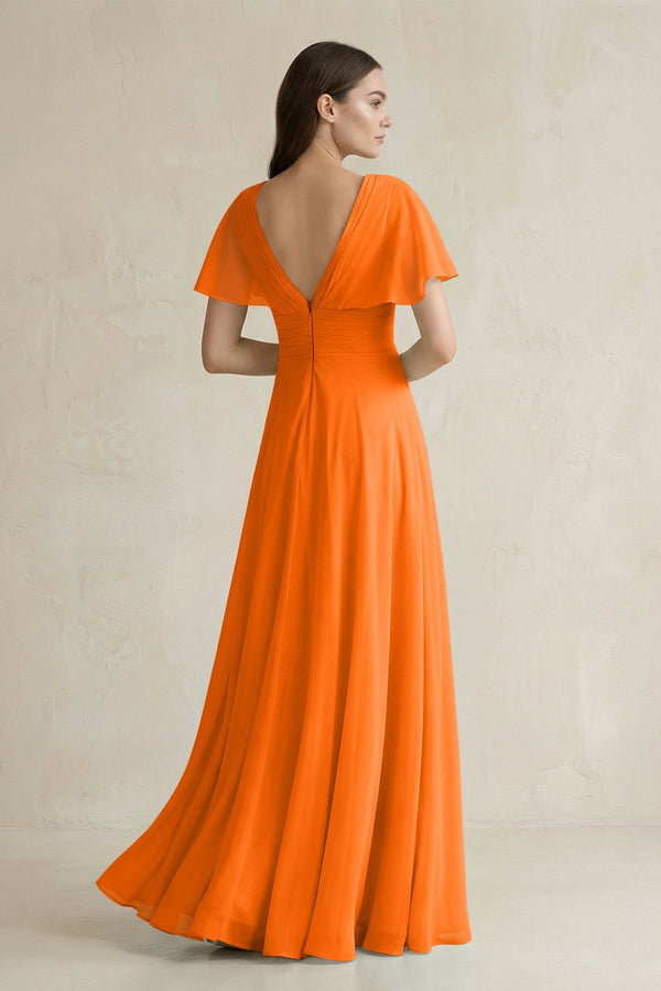 V - Neck Ruffled Sleeve A - Line Chiffon Bridesmaid Dress in Cinnamon - SHE IS ME Bridesmaid Dresses