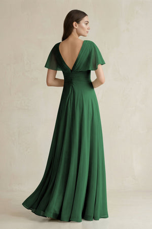 V - Neck Ruffled Sleeve A - Line Chiffon Bridesmaid Dress in Dark Green - SHE IS ME Bridesmaid Dresses