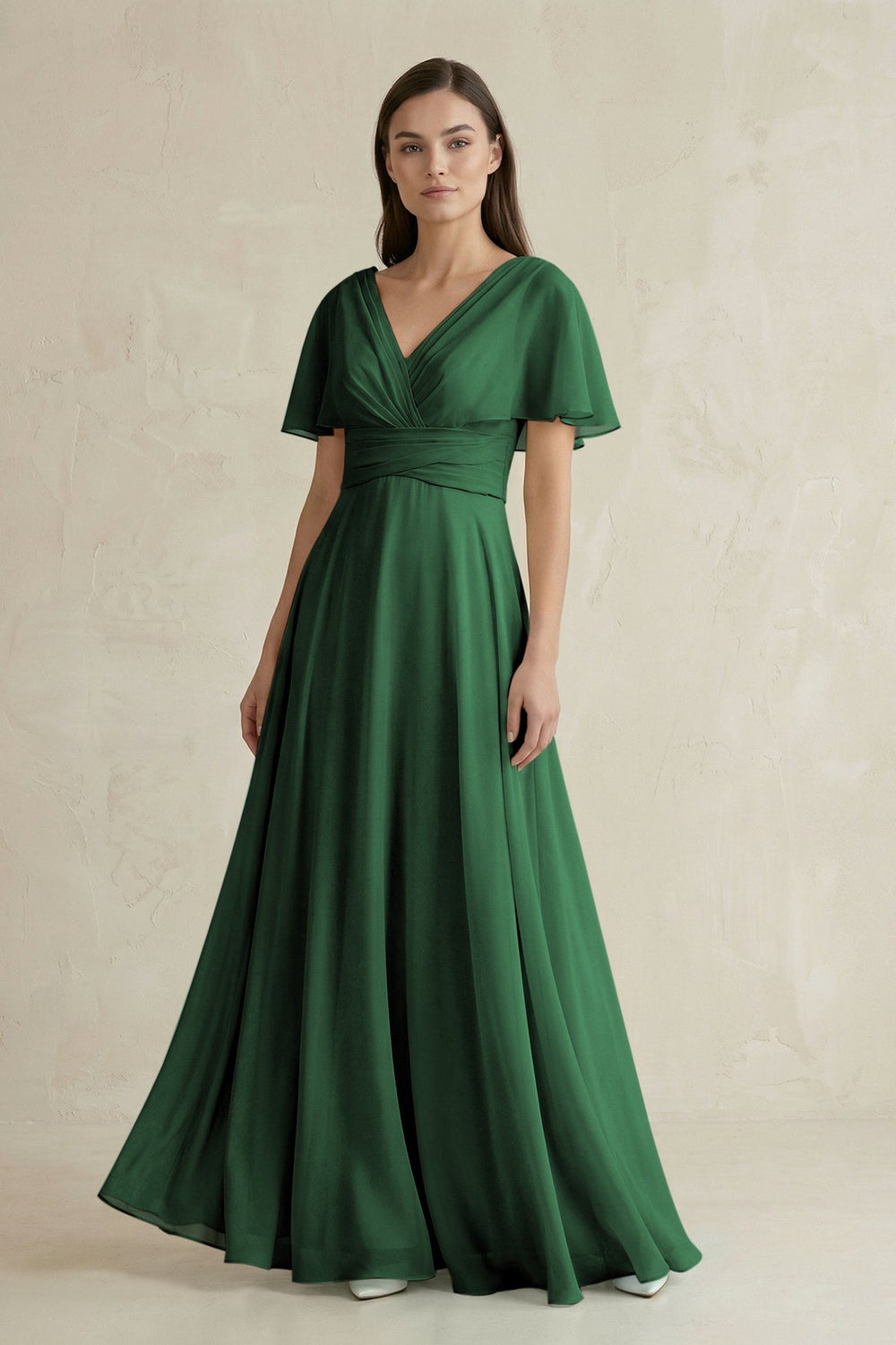 V - Neck Ruffled Sleeve A - Line Chiffon Bridesmaid Dress in Dark Green - SHE IS ME Bridesmaid Dresses