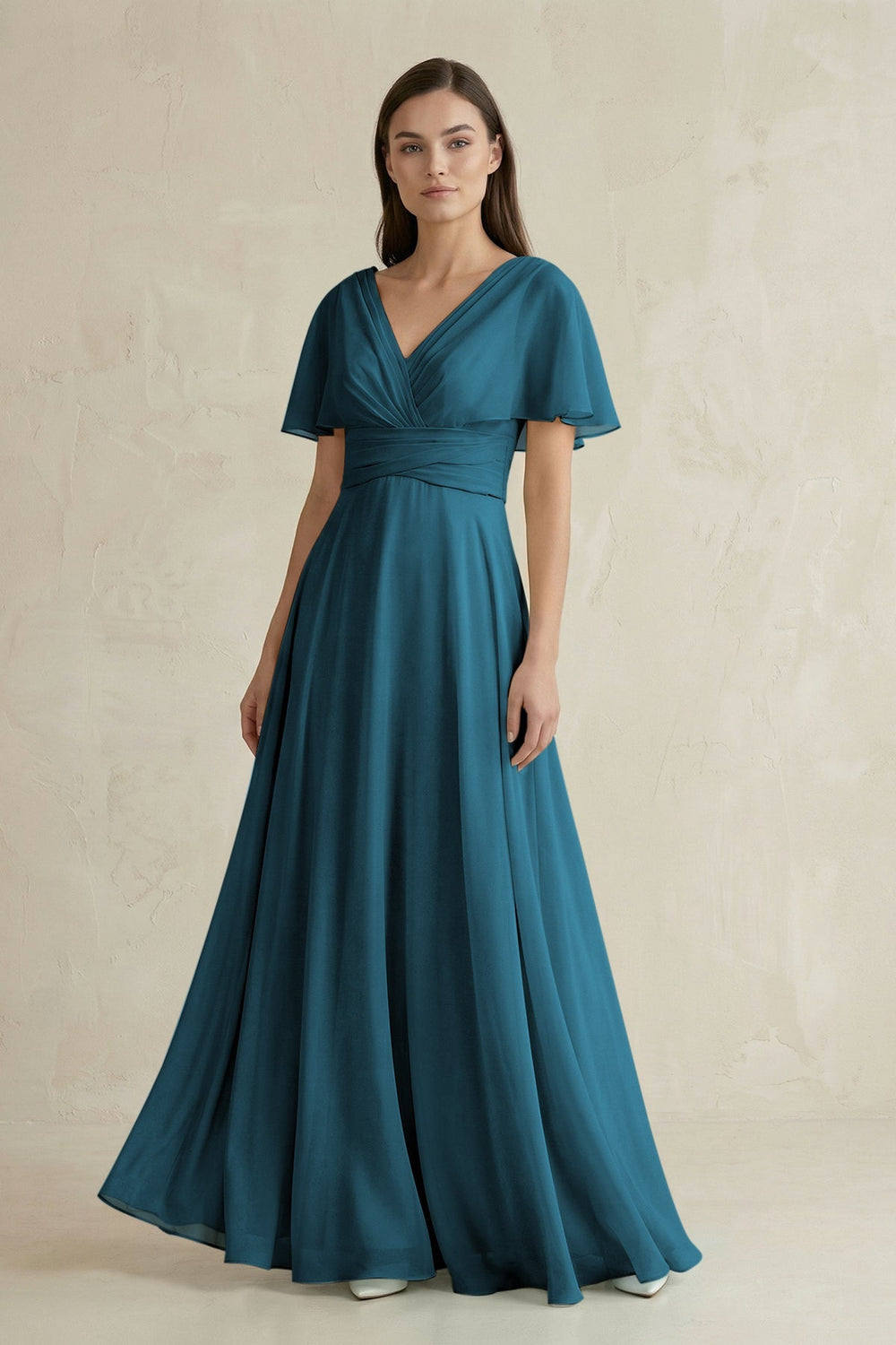 V - Neck Ruffled Sleeve A - Line Chiffon Bridesmaid Dress in Dark Teal - SHE IS ME Bridesmaid Dresses