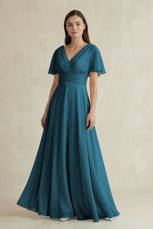 V - Neck Ruffled Sleeve A - Line Chiffon Bridesmaid Dress in Dark Teal - SHE IS ME Bridesmaid Dresses
