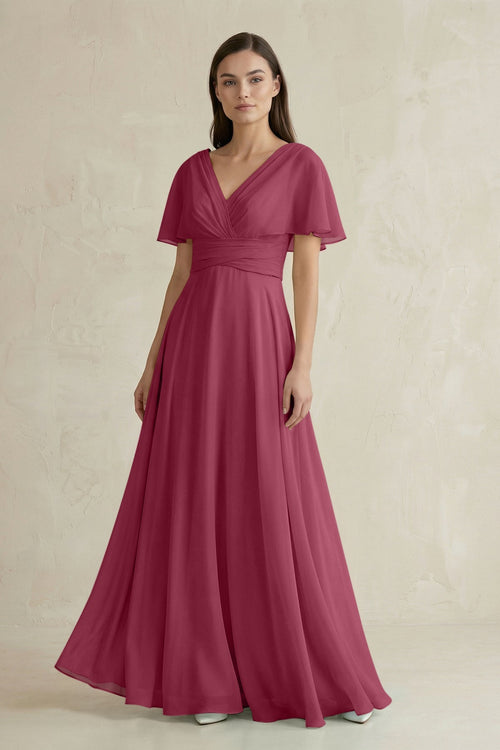 V - Neck Ruffled Sleeve A - Line Chiffon Bridesmaid Dress in Desert Rose - SHE IS ME Bridesmaid Dresses