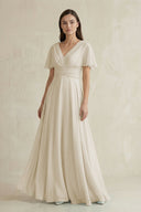 V - Neck Ruffled Sleeve A - Line Chiffon Bridesmaid Dress in Dove Gray - SHE IS ME Bridesmaid Dresses