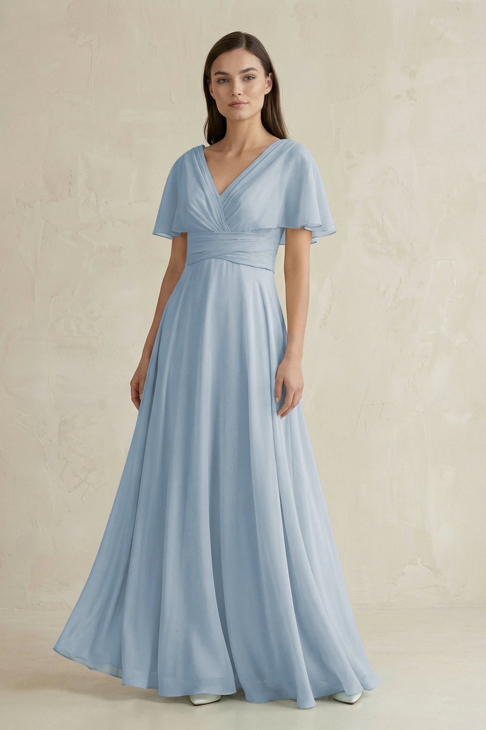 V - Neck Ruffled Sleeve A - Line Chiffon Bridesmaid Dress in Dusty Blue - SHE IS ME Bridesmaid Dresses