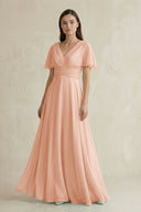 V - Neck Ruffled Sleeve A - Line Chiffon Bridesmaid Dress in English Rose - SHE IS ME Bridesmaid Dresses