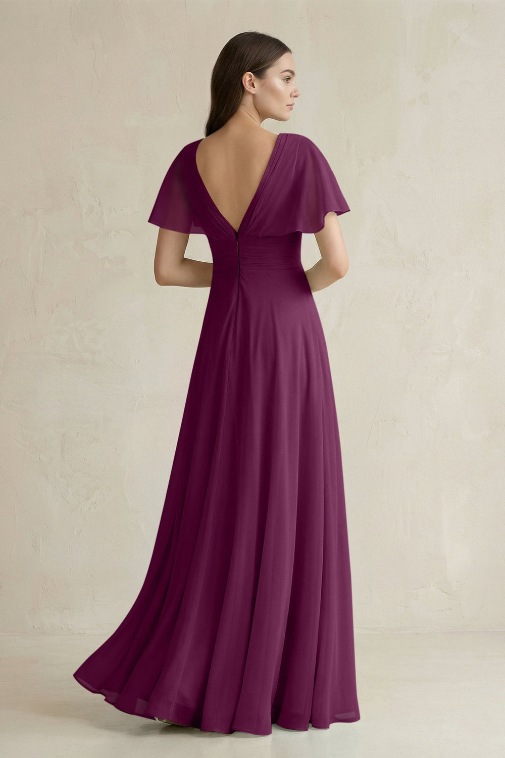 V - Neck Ruffled Sleeve A - Line Chiffon Bridesmaid Dress in Fig - SHE IS ME Bridesmaid Dresses