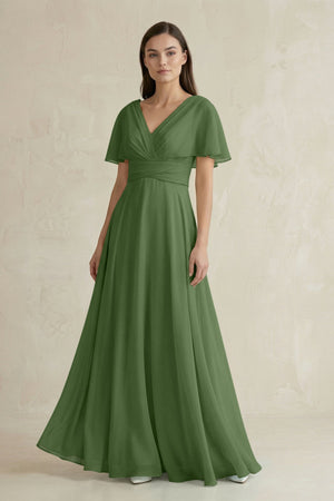 V - Neck Ruffled Sleeve A - Line Chiffon Bridesmaid Dress in Moss - SHE IS ME Bridesmaid Dresses