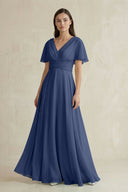 V - Neck Ruffled Sleeve A - Line Chiffon Bridesmaid Dress in Navy - SHE IS ME Bridesmaid Dresses