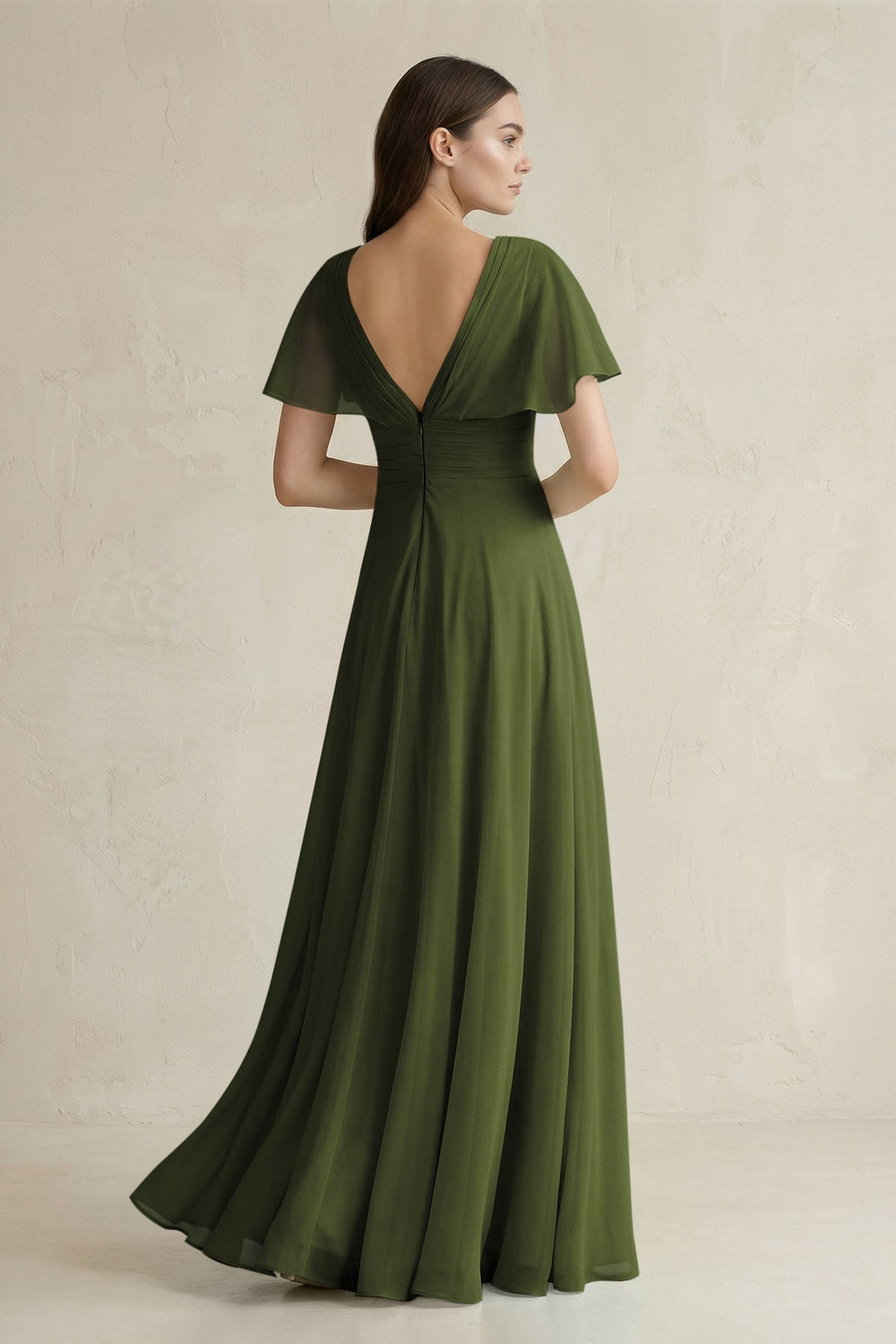 V - Neck Ruffled Sleeve A - Line Chiffon Bridesmaid Dress in Olive - SHE IS ME Bridesmaid Dresses