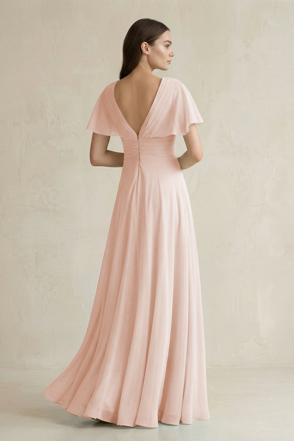 V - Neck Ruffled Sleeve A - Line Chiffon Bridesmaid Dress in Pale Blush - SHE IS ME Bridesmaid Dresses