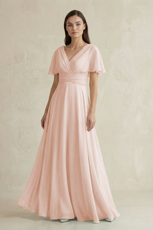 V - Neck Ruffled Sleeve A - Line Chiffon Bridesmaid Dress in Pale Blush - SHE IS ME Bridesmaid Dresses