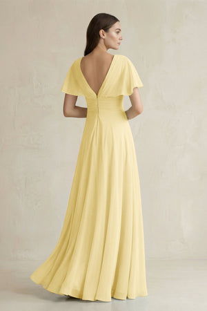 V - Neck Ruffled Sleeve A - Line Chiffon Bridesmaid Dress in Pastel Yellow - SHE IS ME Bridesmaid Dresses