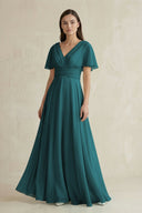 V - Neck Ruffled Sleeve A - Line Chiffon Bridesmaid Dress in Pine - SHE IS ME Bridesmaid Dresses