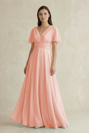 V - Neck Ruffled Sleeve A - Line Chiffon Bridesmaid Dress in Rose Petal - SHE IS ME Bridesmaid Dresses