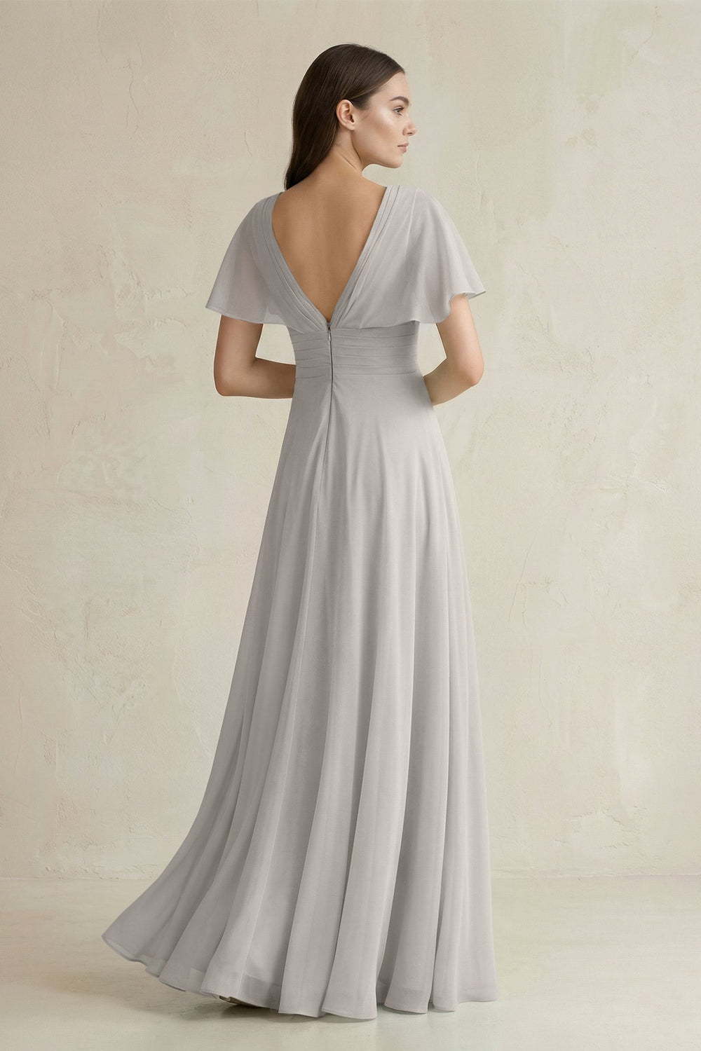 V - Neck Ruffled Sleeve A - Line Chiffon Bridesmaid Dress in Silver - SHE IS ME Bridesmaid Dresses