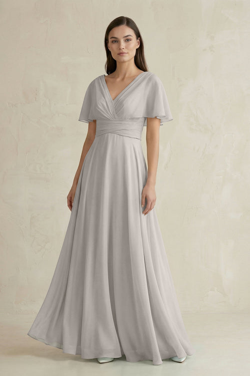 V - Neck Ruffled Sleeve A - Line Chiffon Bridesmaid Dress in Silver - SHE IS ME Bridesmaid Dresses