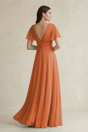 V - Neck Ruffled Sleeve A - Line Chiffon Bridesmaid Dress in Terracotta - SHE IS ME Bridesmaid Dresses