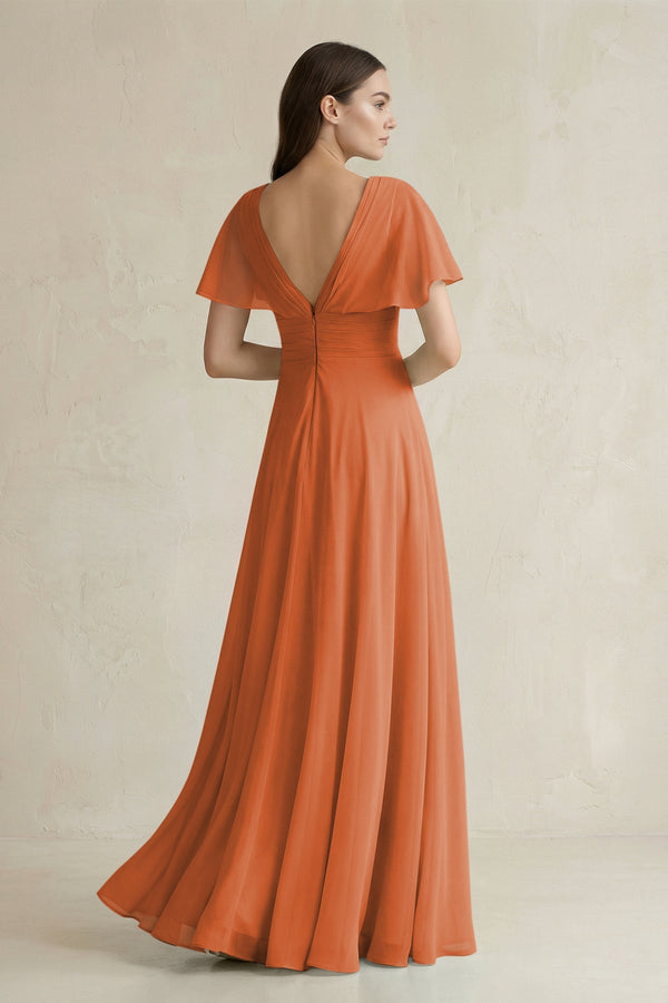 V - Neck Ruffled Sleeve A - Line Chiffon Bridesmaid Dress in Terracotta - SHE IS ME Bridesmaid Dresses