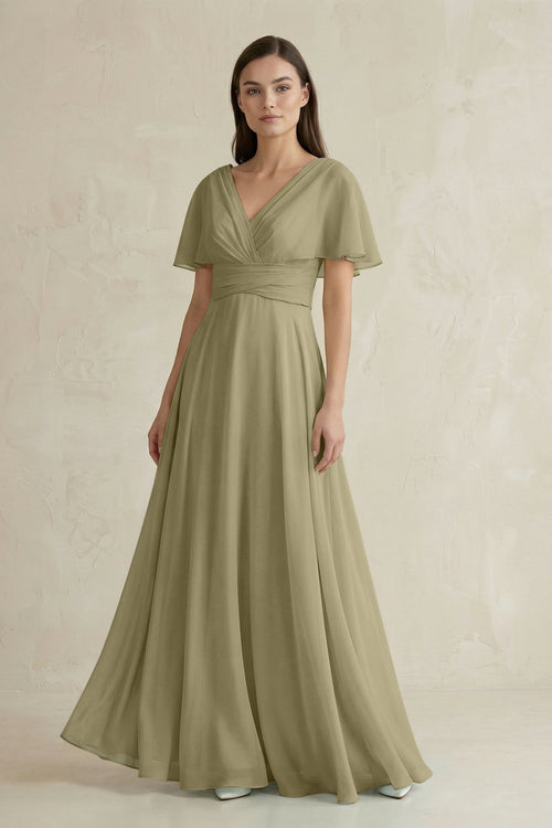 V - Neck Ruffled Sleeve A - Line Chiffon Bridesmaid Dress in Thyme - SHE IS ME Bridesmaid Dresses