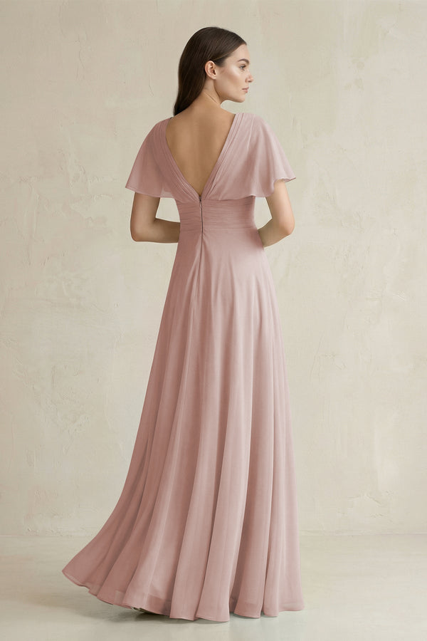 V - Neck Ruffled Sleeve A - Line Chiffon Bridesmaid Dress in Toffee - SHE IS ME Bridesmaid Dresses