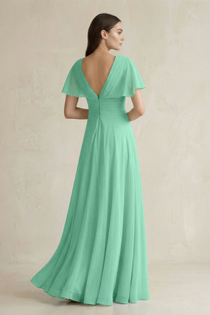 V - Neck Ruffled Sleeve A - Line Chiffon Bridesmaid Dress in Turquoise - SHE IS ME Bridesmaid Dresses