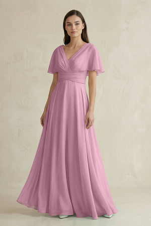 V - Neck Ruffled Sleeve A - Line Chiffon Bridesmaid Dress in Vintage Mauve - SHE IS ME Bridesmaid Dresses