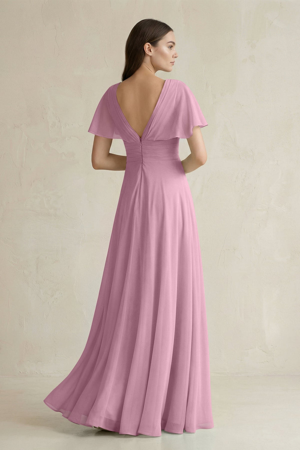 V - Neck Ruffled Sleeve A - Line Chiffon Bridesmaid Dress in Vintage Mauve - SHE IS ME Bridesmaid Dresses