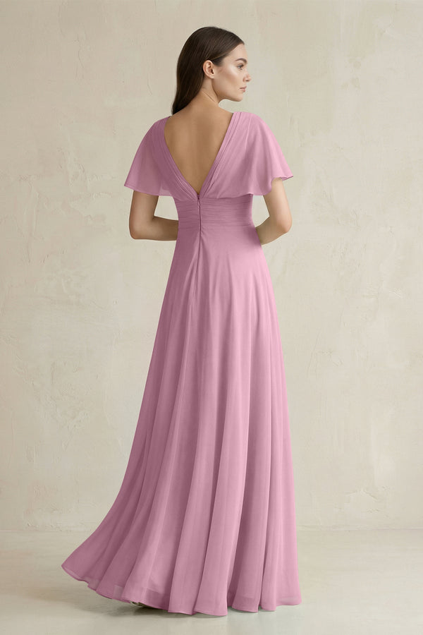 V - Neck Ruffled Sleeve A - Line Chiffon Bridesmaid Dress in Vintage Mauve - SHE IS ME Bridesmaid Dresses