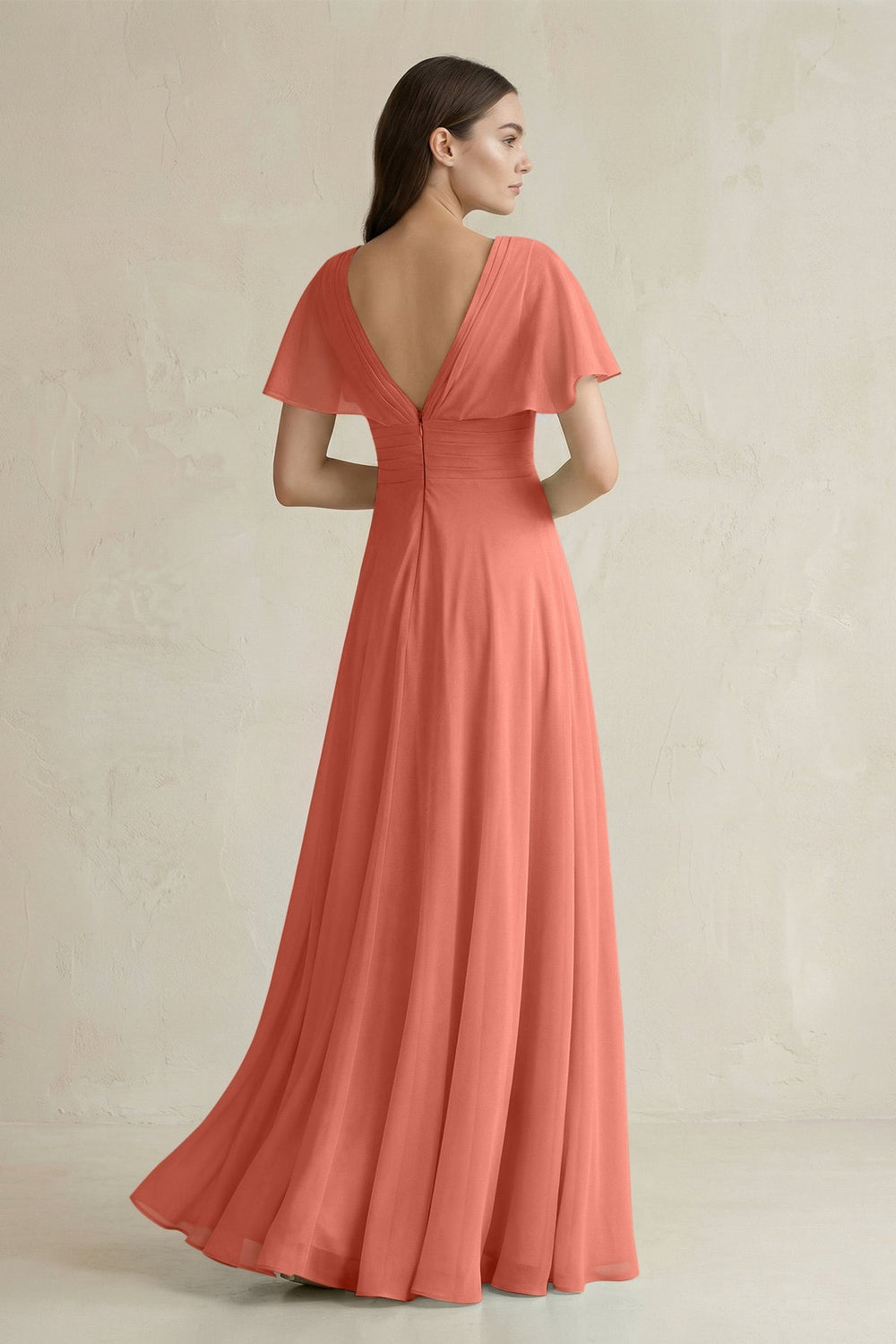 V - Neck Ruffled Sleeve A - Line Chiffon Bridesmaid Dress in Wild Rose - SHE IS ME Bridesmaid Dresses