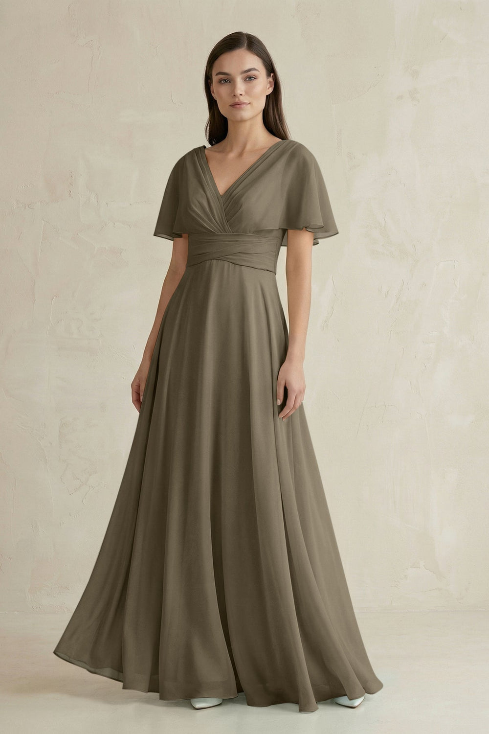 V - Neck Ruffled Sleeve A - Line Chiffon Bridesmaid Dress in Willow Green - SHE IS ME Bridesmaid Dresses