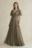 V - Neck Ruffled Sleeve A - Line Chiffon Bridesmaid Dress in Willow Green - SHE IS ME Bridesmaid Dresses