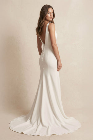 V - Neck Satin Mermaid Wedding Dress With Slit in Ivory - SHE IS ME Wedding Dresses